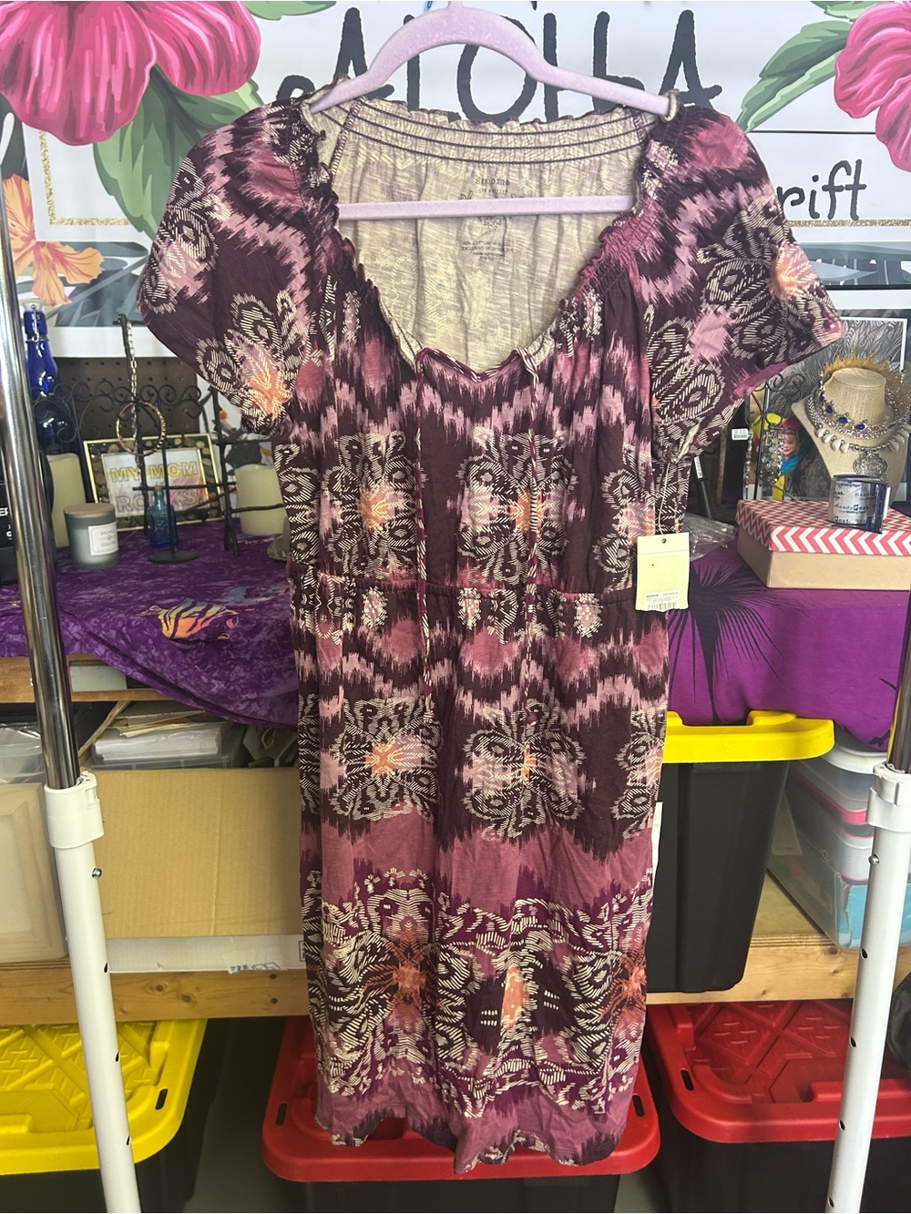 NWT Sonoma Life + Style Boho Peasant Dress Purple Ikat Print M